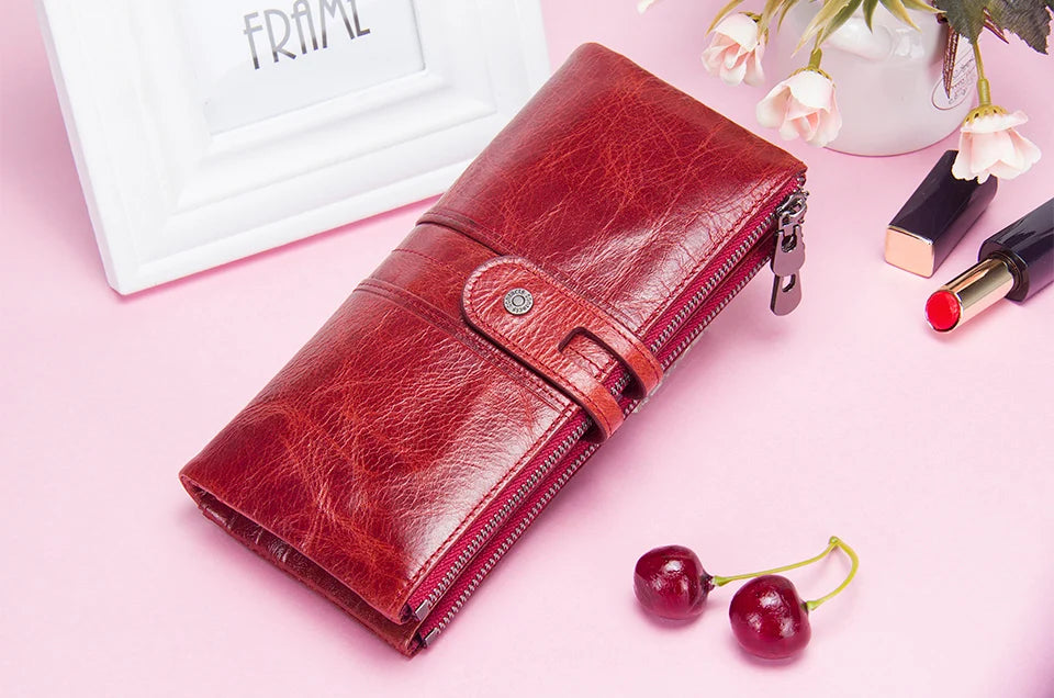 Women's Genuine Leather Long Clutch Wallet - Card Holder, Coin Purse, Money Bag