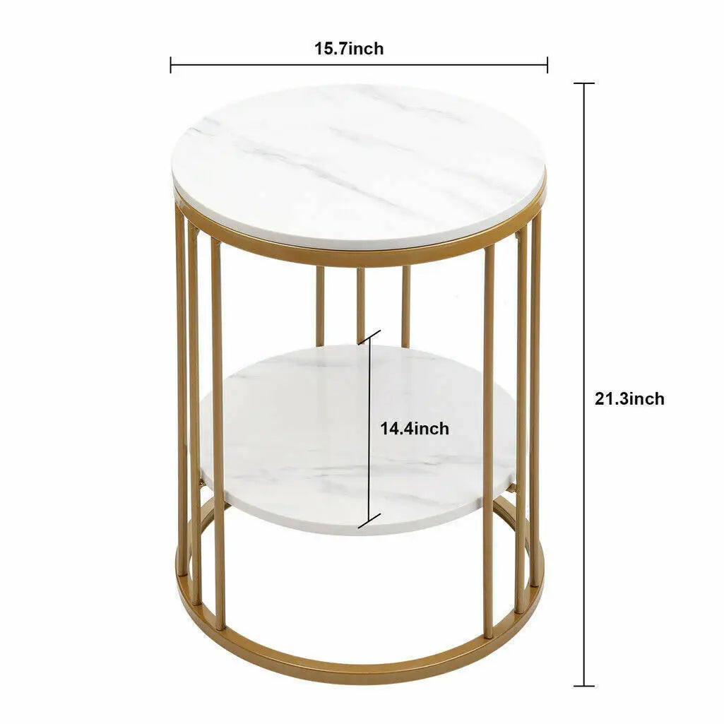 2-Tier White Marble Side Table with Gold Frame for Living Room & Bedroom