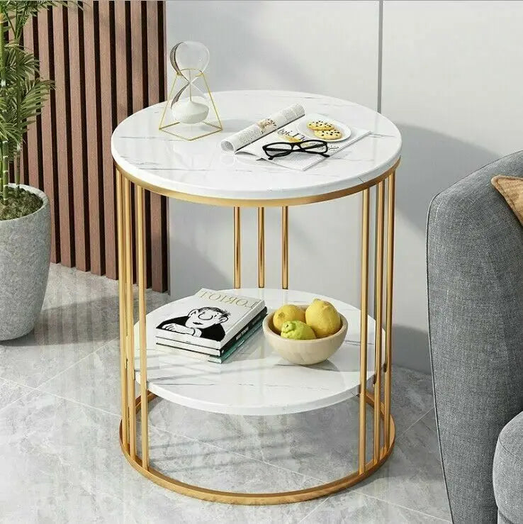 2-Tier White Marble Side Table with Gold Frame for Living Room & Bedroom