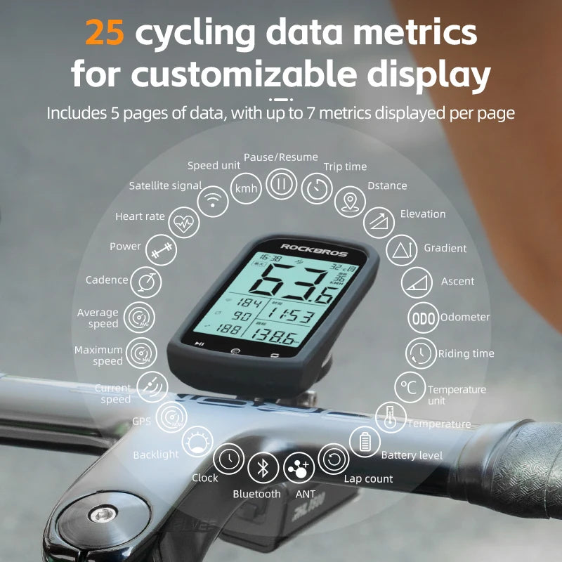 GPS Bike Computer, Bluetooth ANT+, Waterproof Wireless Speedometer