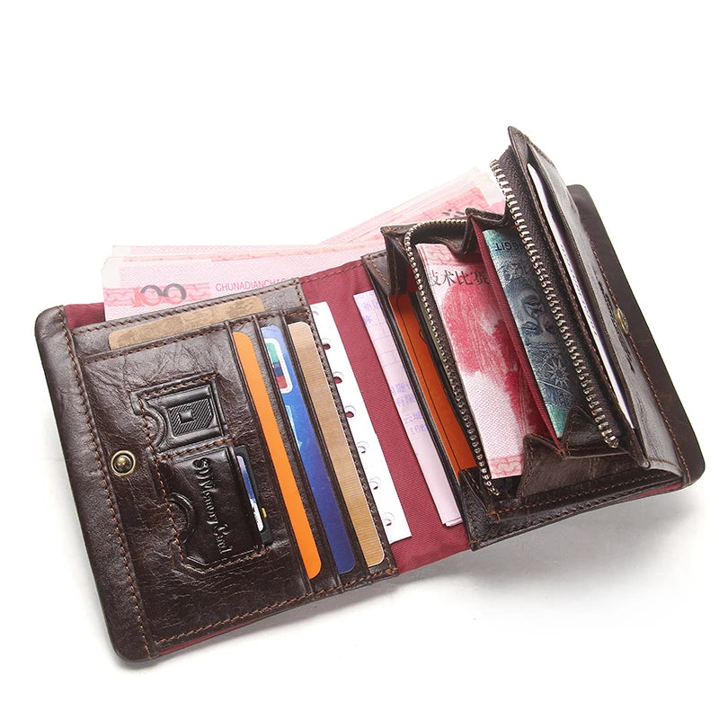 Men's Genuine Leather Bifold Wallet RFID Blocking, Zipper Coin Purse Card Holder