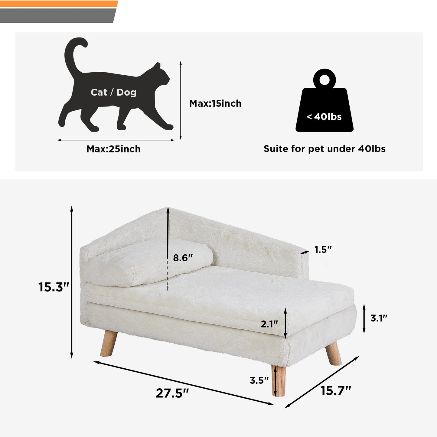 Elevated Pet Sofa Bed with Waterproof Cushion and Sturdy Wood Legs for Small Pets