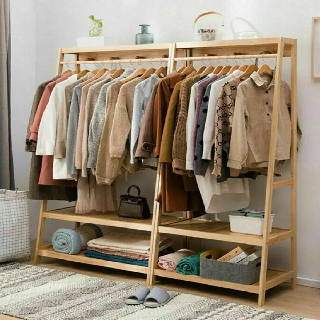 Bamboo Garment Coat Rack with Shelves – Heavy Duty Organizer for Clothes and Shoes