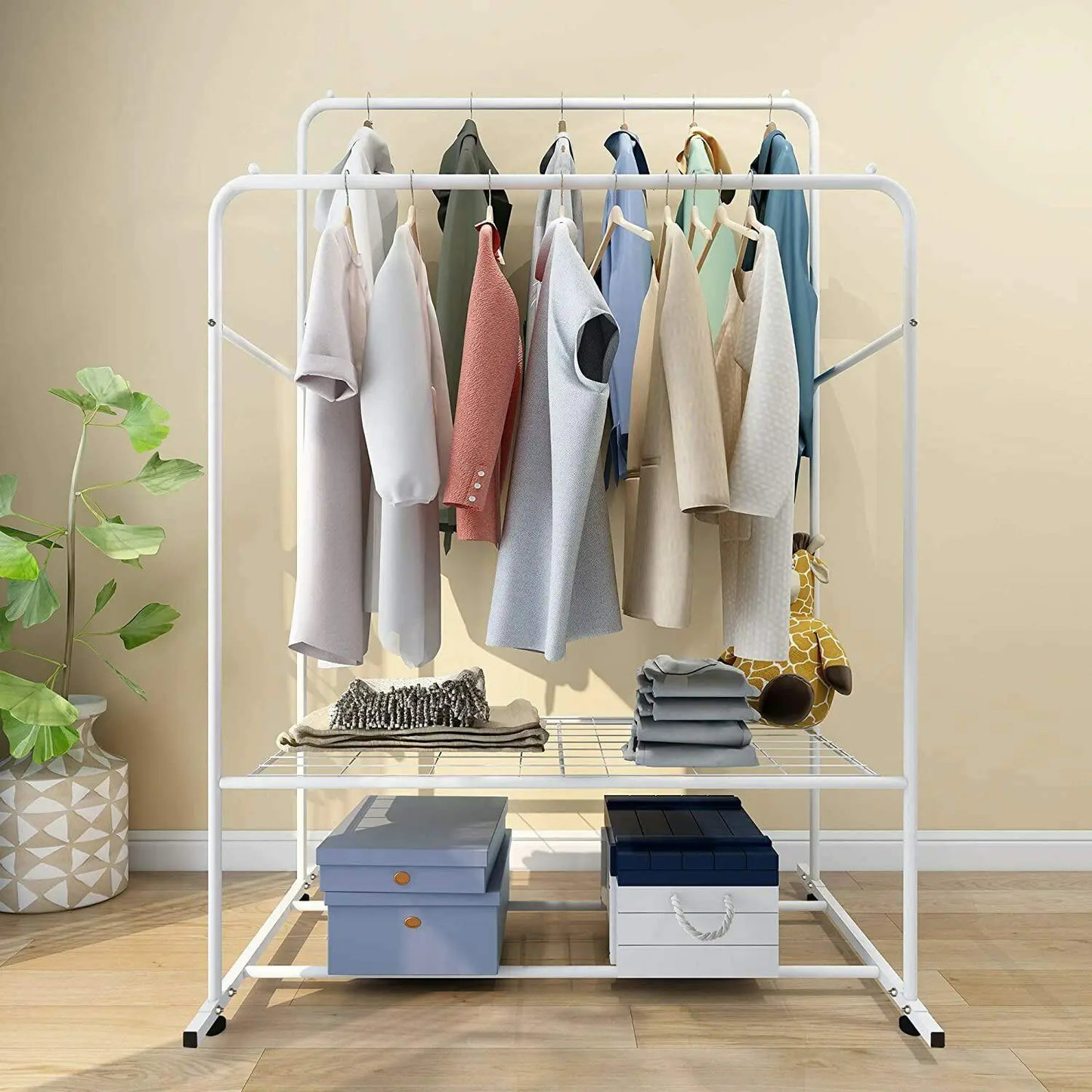 1.5m Double Rail Rolling Clothes Rack with Shelves & Wheels for Storage