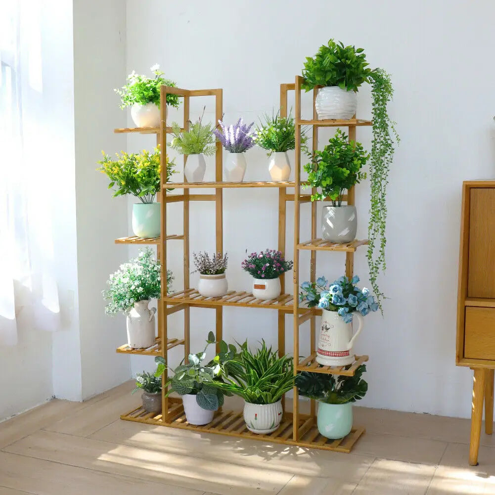 9-Tier Bamboo Plant Stand Rack Holds 17 Flowerpots, Indoor/Outdoor Display Shelf