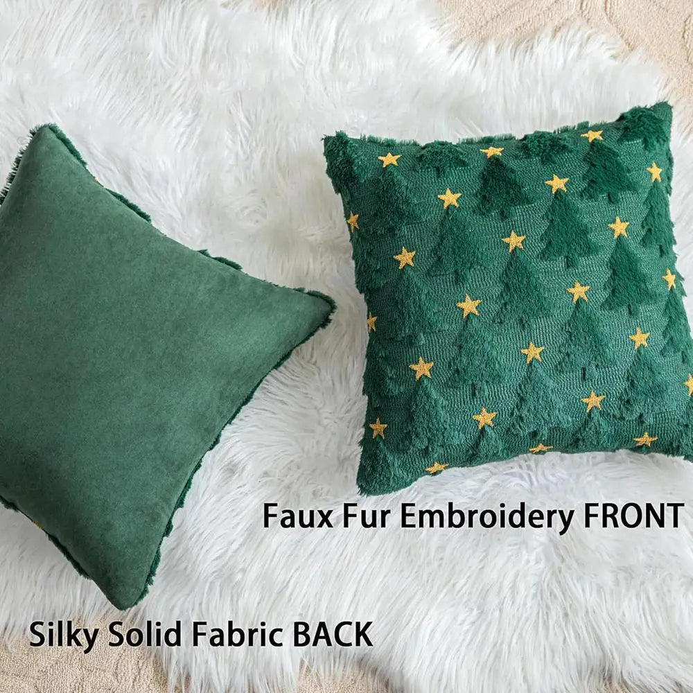 Christmas Cushion Covers Set of 2, 18x18 Inches, Green Tree with Golden Star