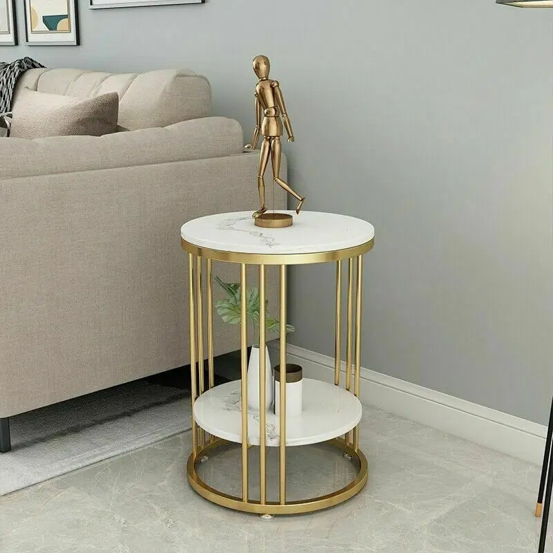 2-Tier White Marble Side Table with Gold Frame for Living Room & Bedroom