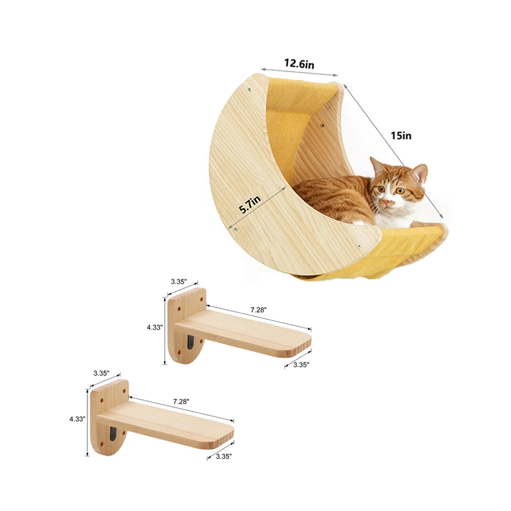 Cat Wall Hammock Moon Shelf, Solid Wood Climbing Perch & Steps, Indoor Cat Activity