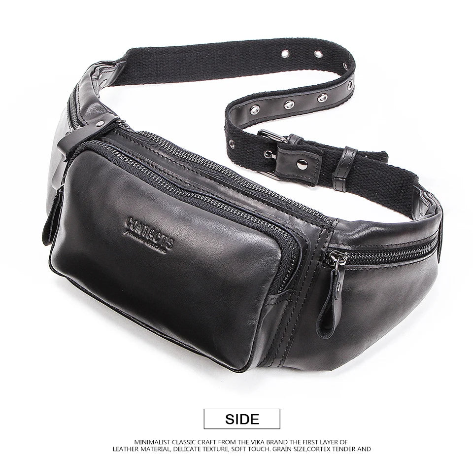 Men's Genuine Cowhide Leather Waist Bag - Casual Fanny Pack for Travel & Phone