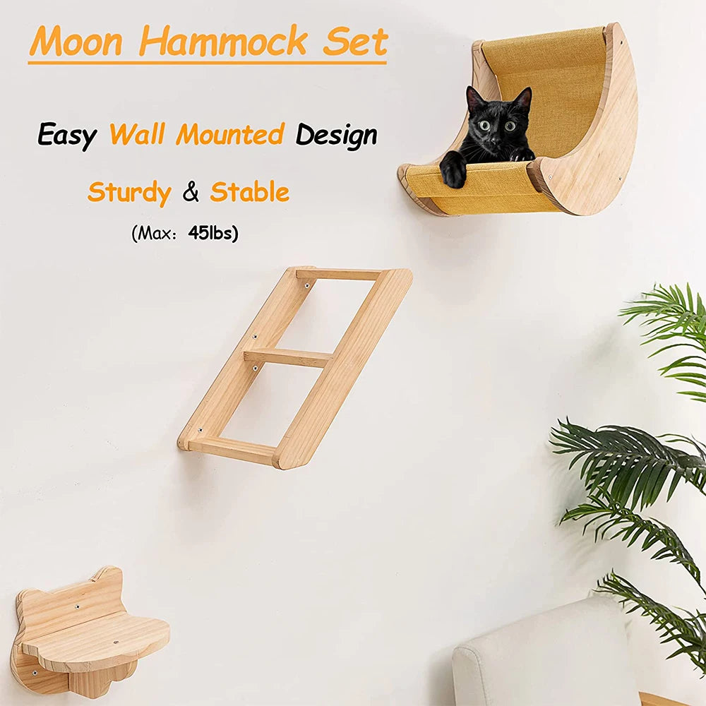 Cat Wall Hammock Moon Shelf, Solid Wood Climbing Perch & Steps, Indoor Cat Activity