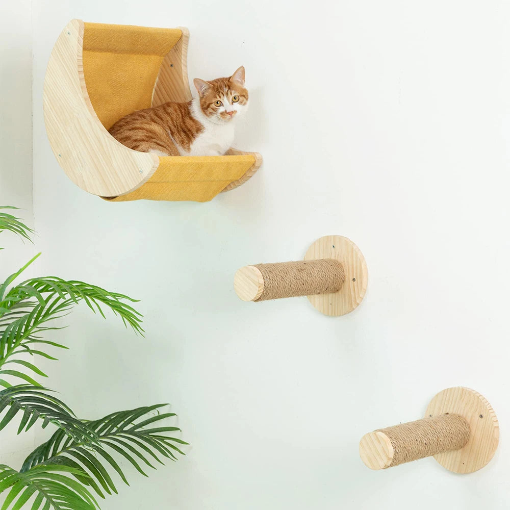 Cat Wall Hammock Moon Shelf, Solid Wood Climbing Perch & Steps, Indoor Cat Activity