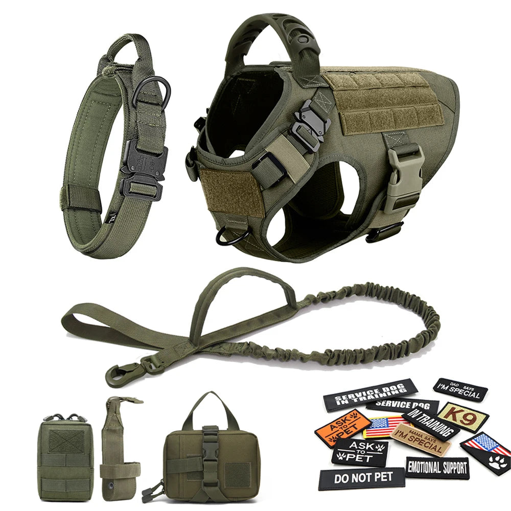 Tactical Dog Harness Set with Collar, Leash, Bags & Patches – K9 Training Vest