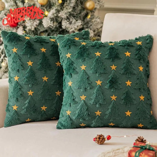 Christmas Cushion Covers Set of 2, 18x18 Inches, Green Tree with Golden Star