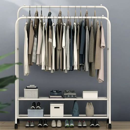 1.5m Double Rail Rolling Clothes Rack with Shelves & Wheels for Storage