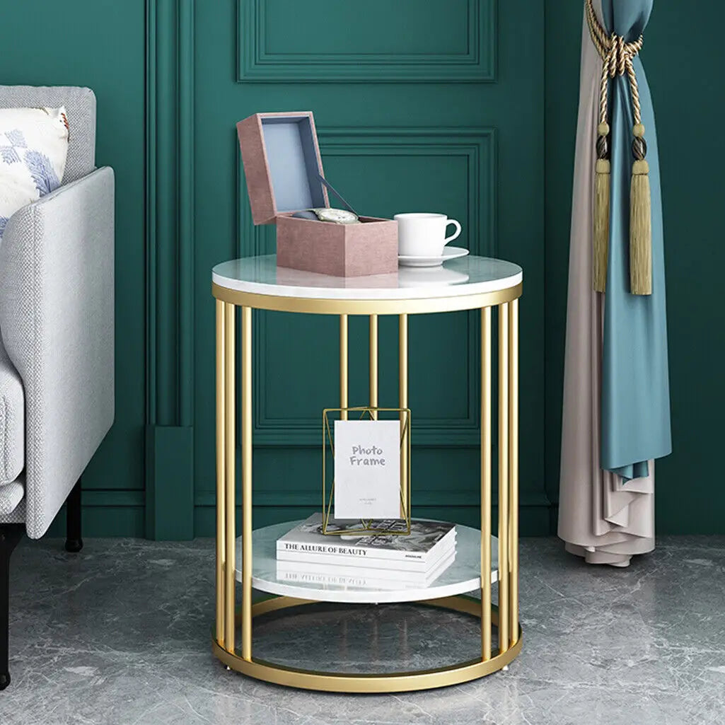 2-Tier White Marble Side Table with Gold Frame for Living Room & Bedroom