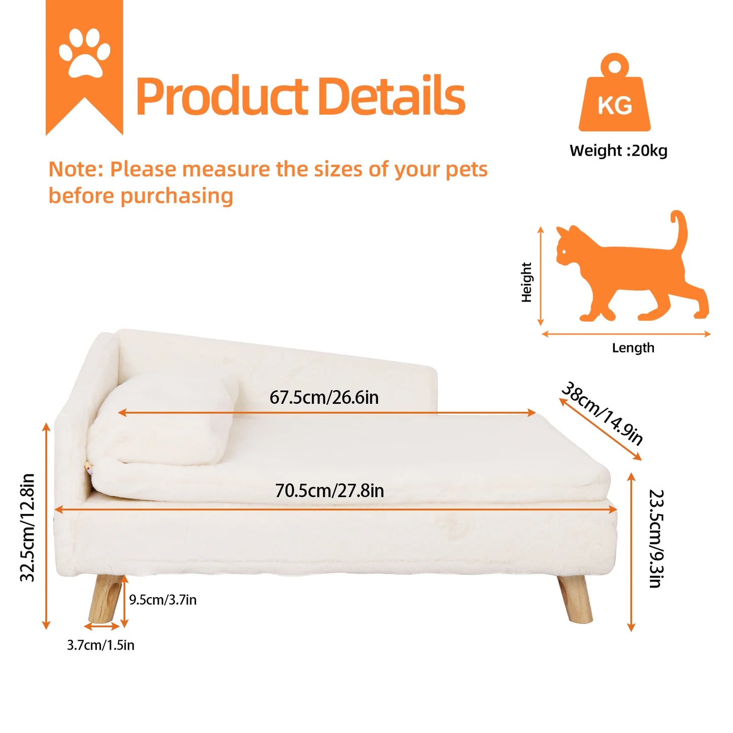 Elevated Pet Sofa Bed with Waterproof Cushion and Sturdy Wood Legs for Small Pets