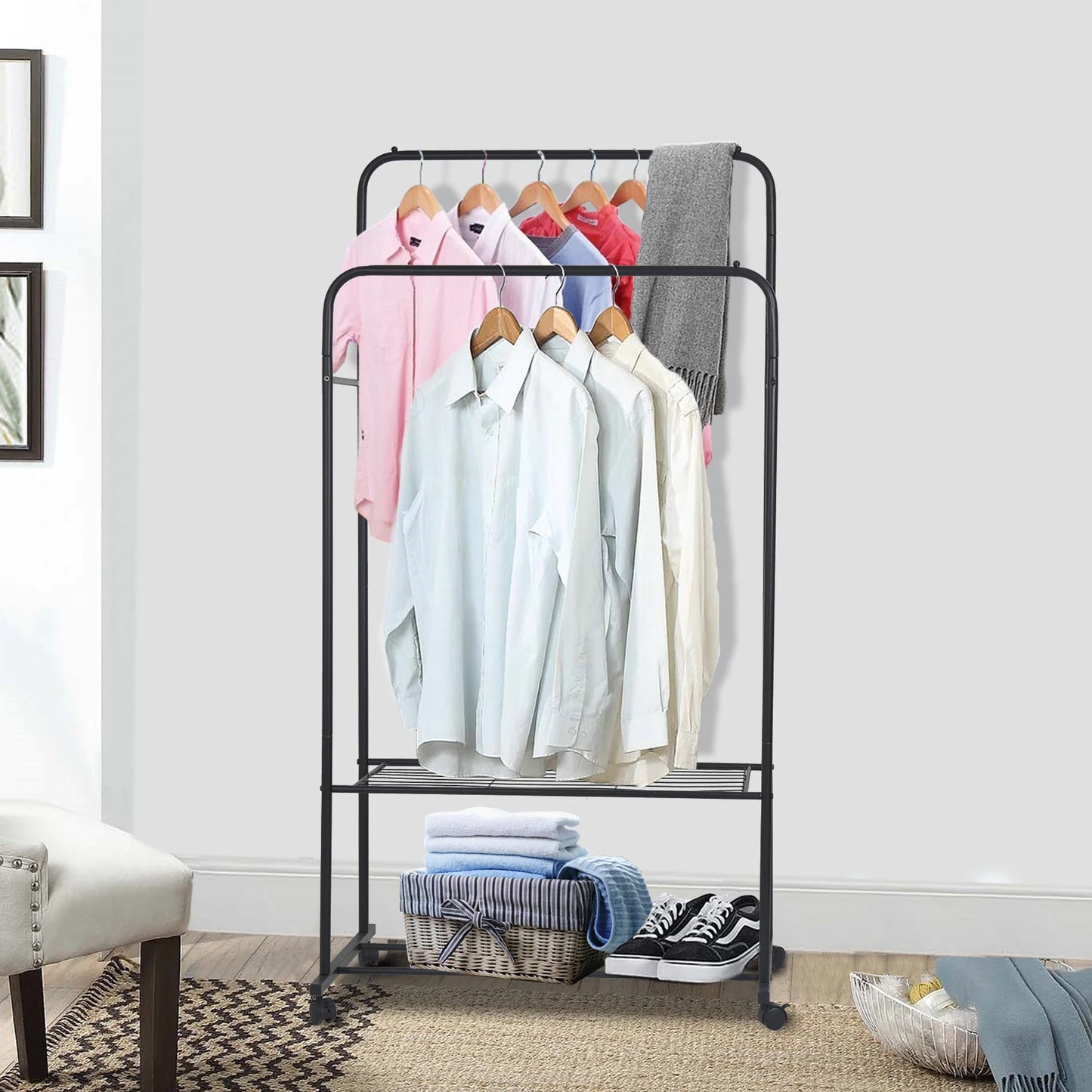 1.5m Double Rail Rolling Clothes Rack with Shelves & Wheels for Storage