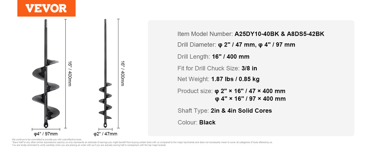 Garden Auger Drill Bit 3"x24", Hex Drive, Spiral for Planting Bulbs & Digging