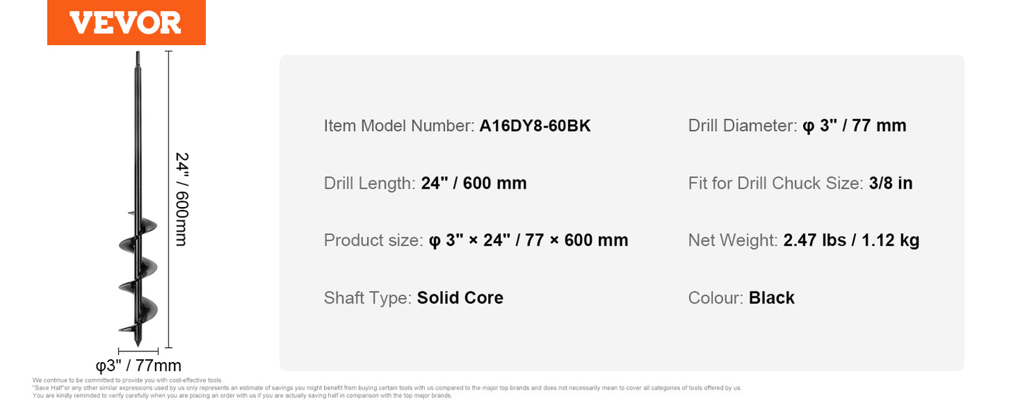 Garden Auger Drill Bit 3"x24", Hex Drive, Spiral for Planting Bulbs & Digging