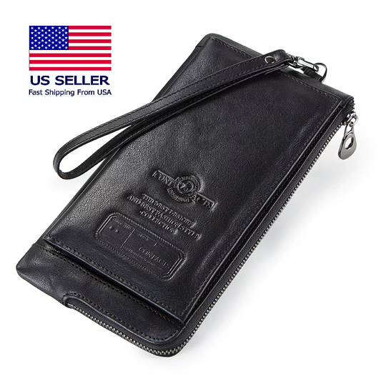 Men's Genuine Leather Wristlet Bag - RFID Clutch Wallet with Card & Phone Holder