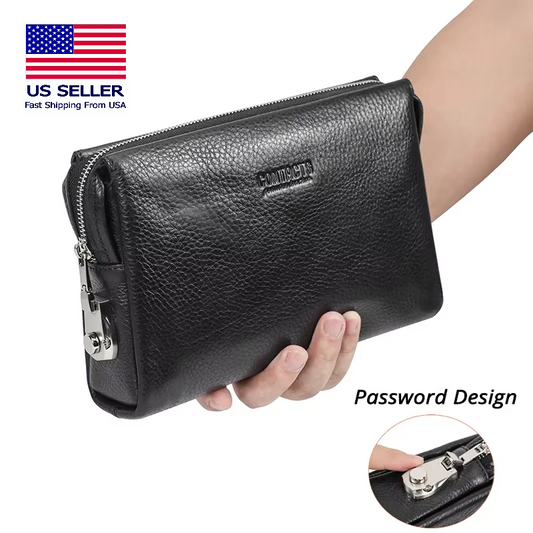 Men's Genuine Leather Clutch Bag with Password Design - Large Capacity Wristle