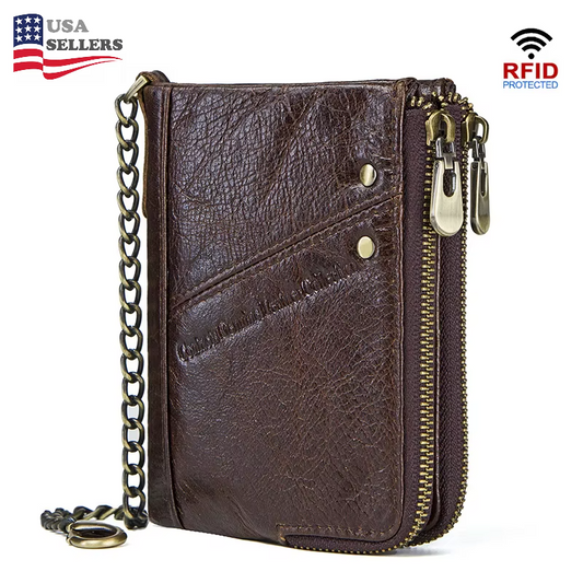 Men's Genuine Leather RFID Wallet - Short Zipper Coin Purse & Card Holder