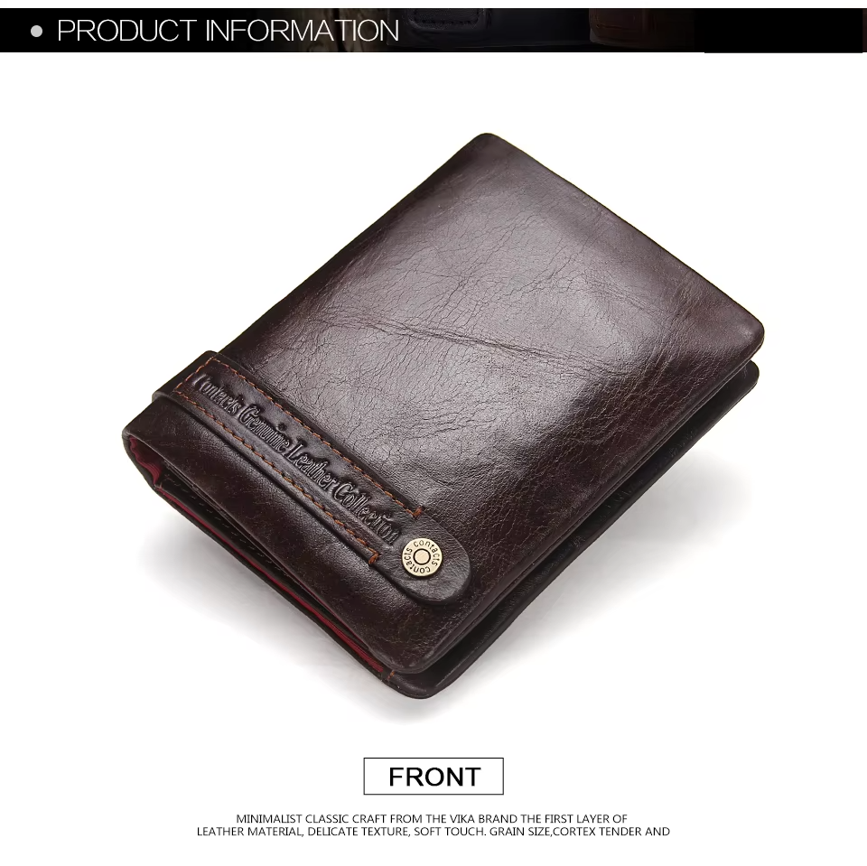 Men's Genuine Leather Bifold Wallet RFID Blocking, Zipper Coin Purse Card Holder