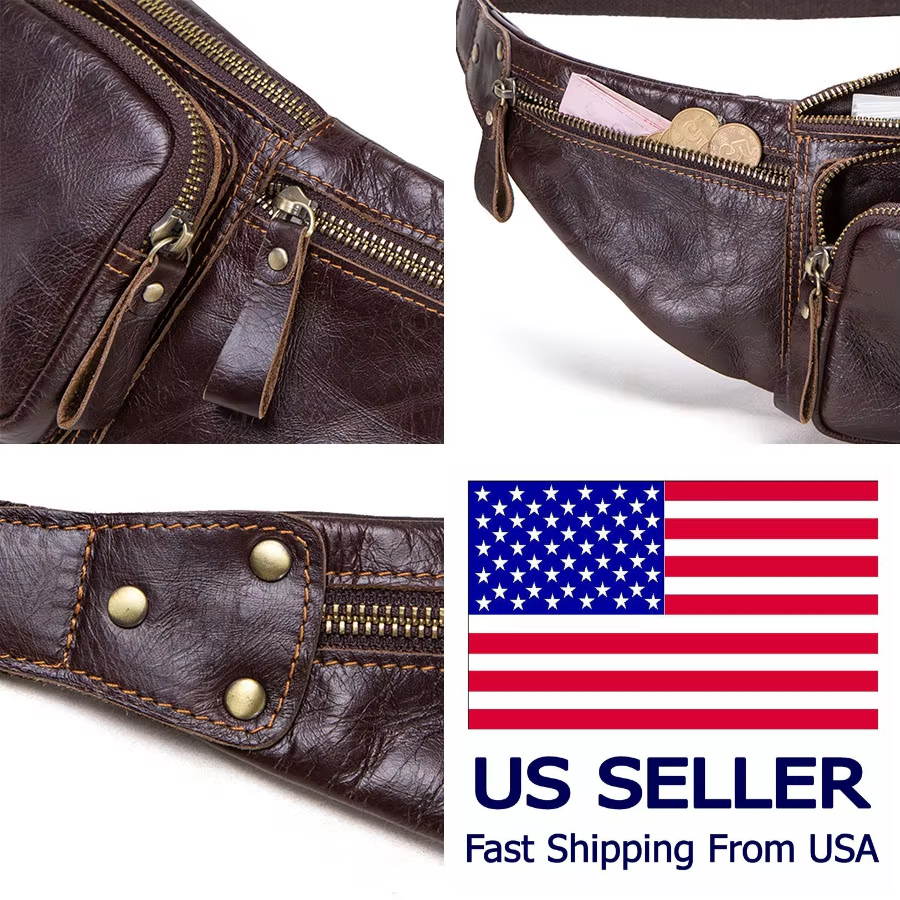 Men's Genuine Cowhide Leather Waist Bag - Casual Fanny Pack for Travel & Phone