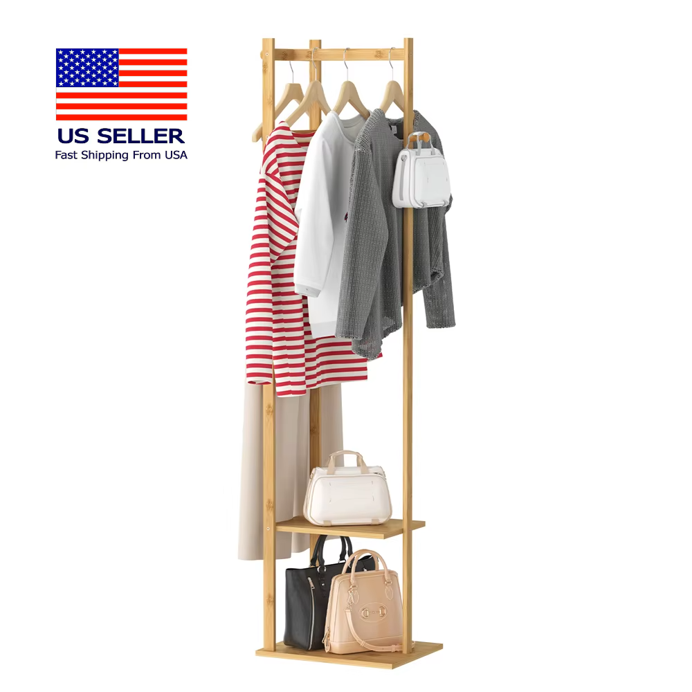 Solid Bamboo Freestanding Coat Tree Rack with Storage and Hooks - Corner Stand