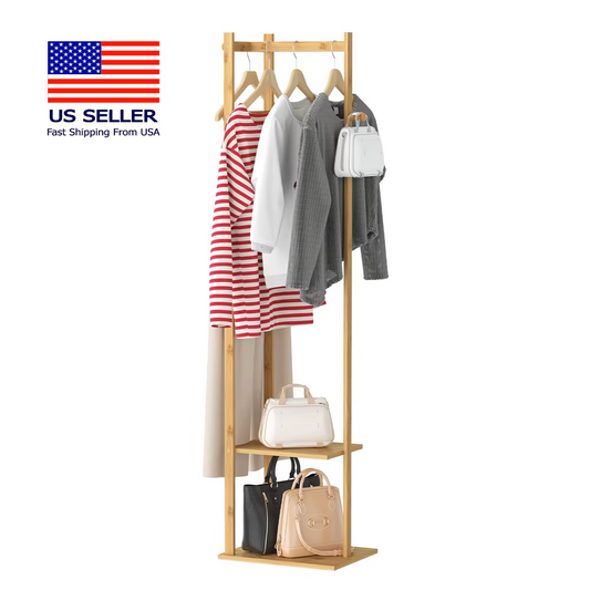 Solid Bamboo Freestanding Coat Tree Rack with Storage and Hooks - Corner Stand