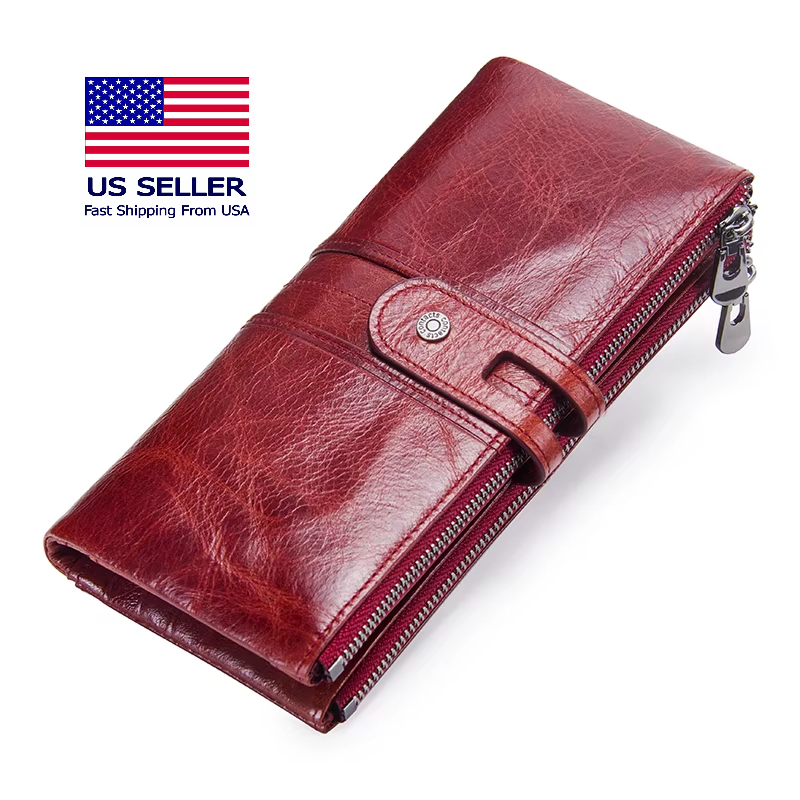 Women's Genuine Leather Long Clutch Wallet - Card Holder, Coin Purse, Money Bag