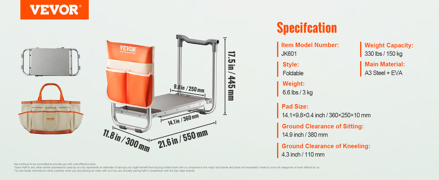 Foldable Garden Kneeler and Seat, 330 lbs Capacity, 8/10" EVA Pad, Tool Pouches